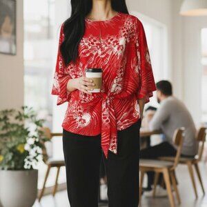Chelsea28 Red Abstract Print Tie-Front Blouse | Flowy Kimono Sleeves | Medium